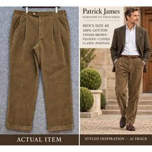 Patrick James Corduroy Trousers Mens Pleated Cuffed Tan Brown 40 EUC Heritage